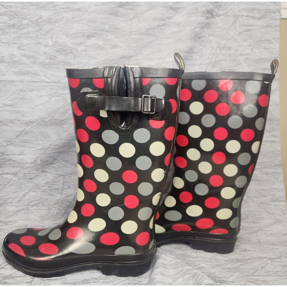 Women's Poka Dot Rain Boots Black Red Gray Size 7 Gorpcore Outdoors Kidcore Prep